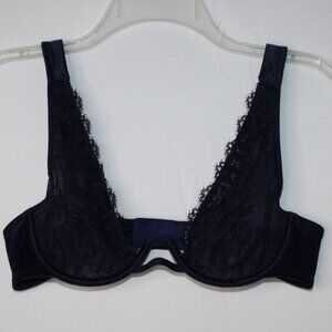 AERIE WOMENS SHOW OFF PLUNGE LACE BRA SZ 34C NAVY BLUE UNDERWIRE ADJ STRAPS